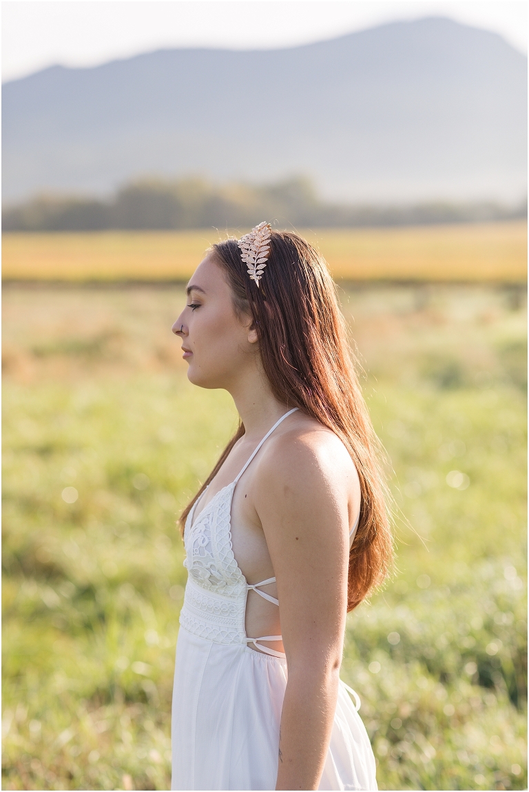 Demeter Greek Mythology goddess of agriculture inspired portrait session white dress golden crown in an open field next to corn with a sunrise mountain view