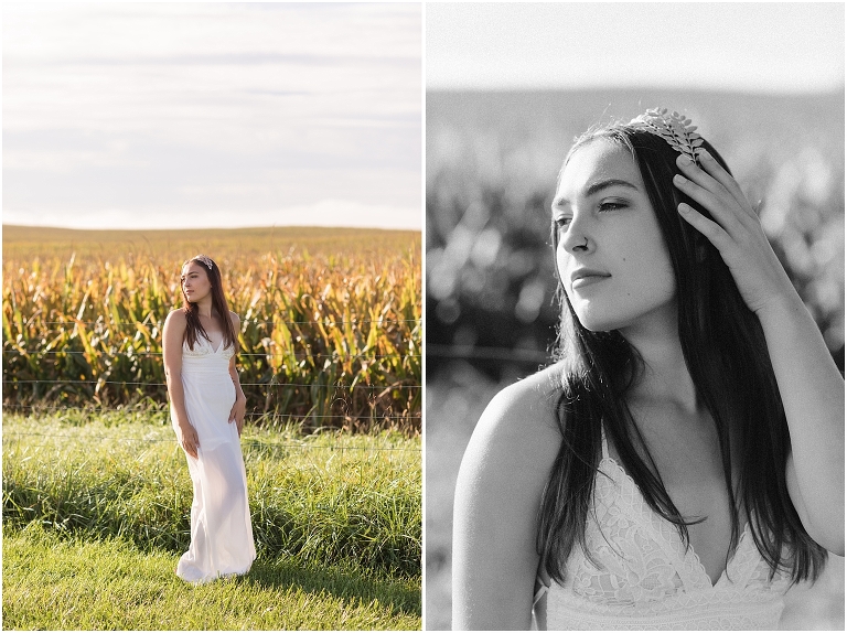 Demeter Greek Mythology goddess of agriculture inspired portrait session white dress golden crown in an open field next to corn with a sunrise mountain view