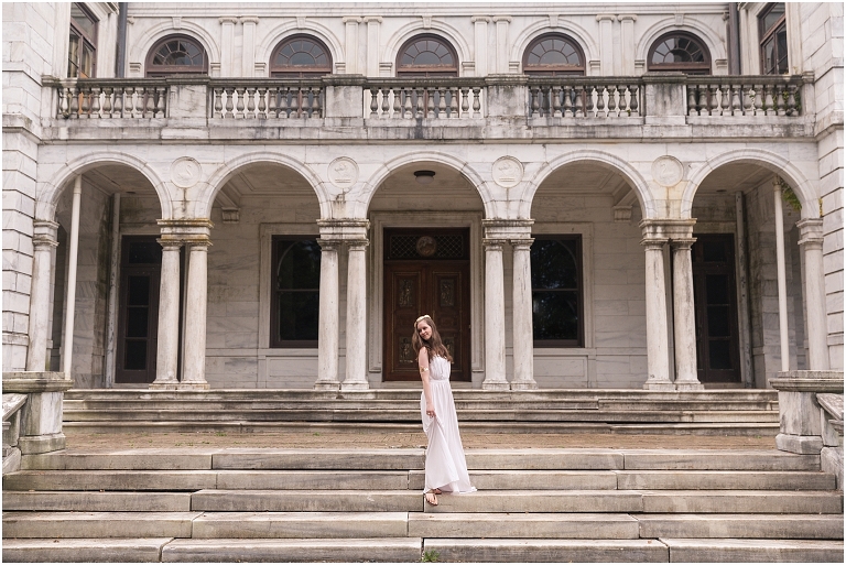 Aphrodite Greek Mythology goddess of beauty and love inspired portrait session white dress golden crown in an abandoned white castle Swannanoa