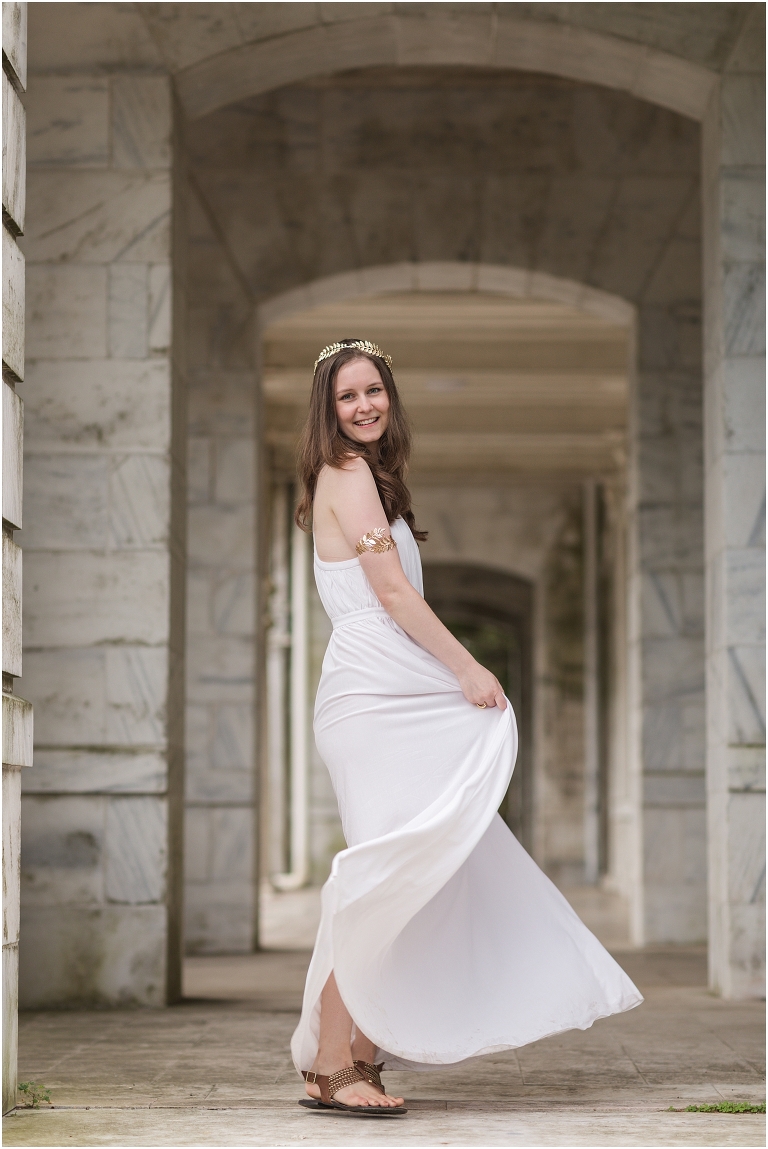Aphrodite Greek Mythology goddess of beauty and love inspired portrait session white dress golden crown in an abandoned white castle Swannanoa