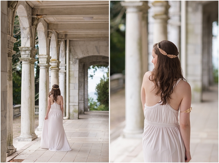 Aphrodite Greek Mythology goddess of beauty and love inspired portrait session white dress golden crown in an abandoned white castle Swannanoa