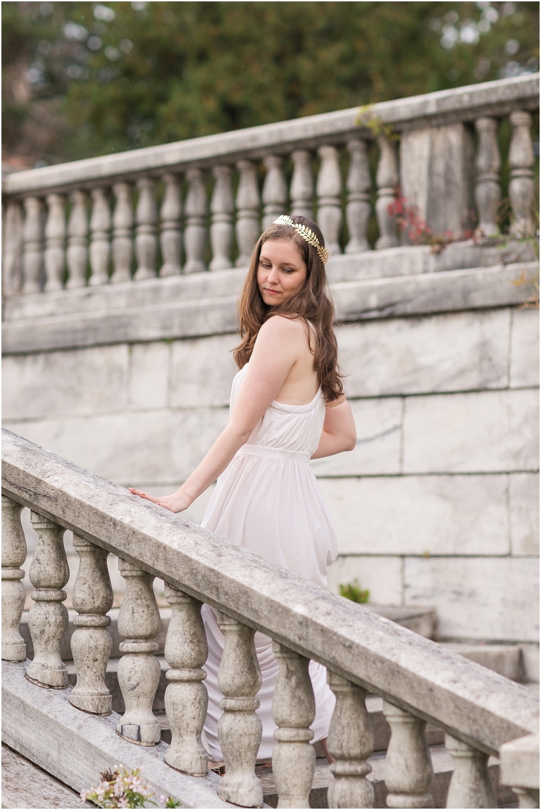 Aphrodite Greek Mythology goddess of beauty and love inspired portrait session white dress golden crown in an abandoned white castle Swannanoa