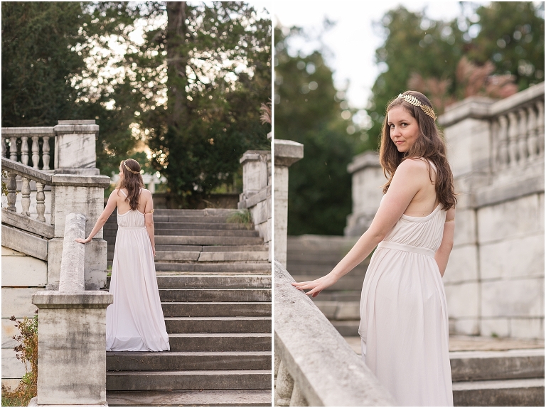 Aphrodite Greek Mythology goddess of beauty and love inspired portrait session white dress golden crown in an abandoned white castle Swannanoa