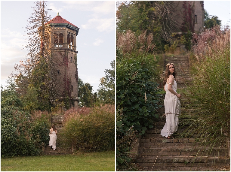 Aphrodite Greek Mythology goddess of beauty and love inspired portrait session white dress golden crown in an abandoned Rapunzel tower castle Swannanoa