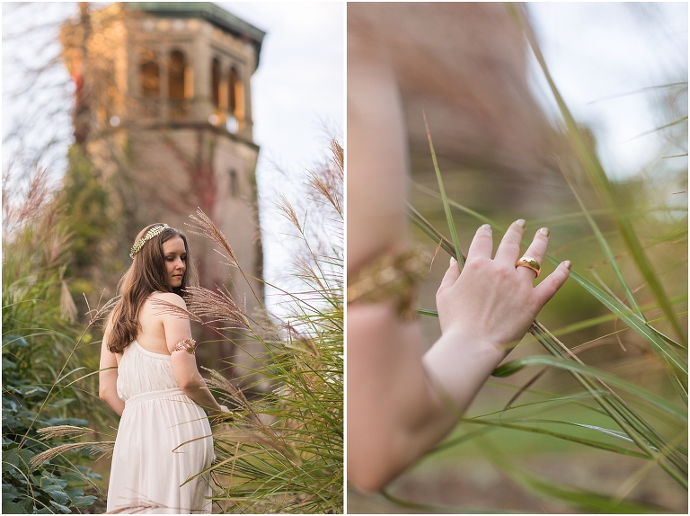 Aphrodite Greek Mythology goddess of beauty and love inspired portrait session white dress golden crown in an abandoned Rapunzel tower castle Swannanoa
