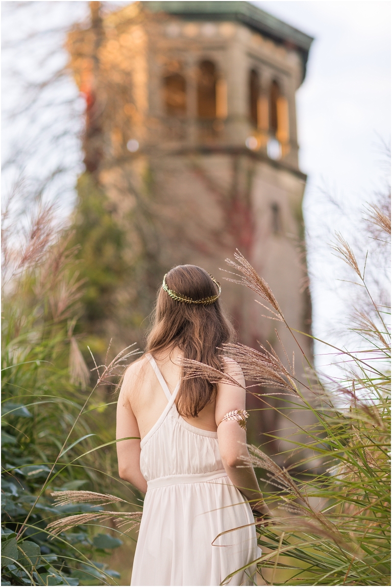 Aphrodite Greek Mythology goddess of beauty and love inspired portrait session white dress golden crown in an abandoned Rapunzel tower castle Swannanoa