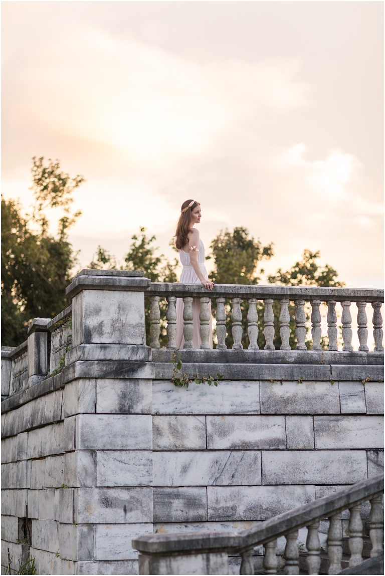 Aphrodite Greek Mythology goddess of beauty and love inspired portrait session white dress golden crown in an abandoned white castle Swannanoa