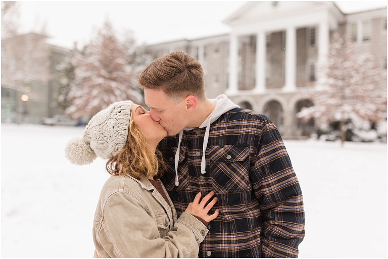 Harrisonburg fun snow couples portraits on the James Madison University Quad