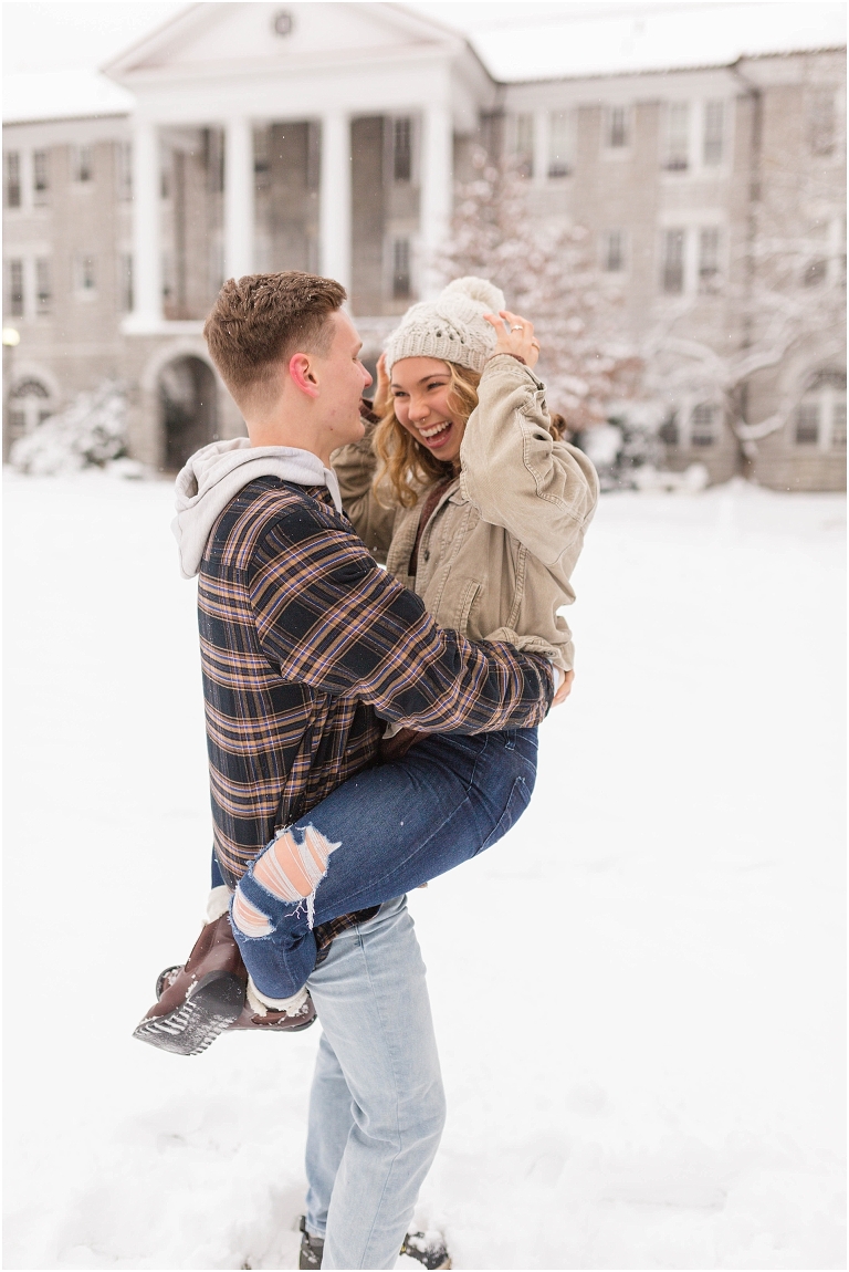 Harrisonburg fun snow couples portraits on the James Madison University Quad