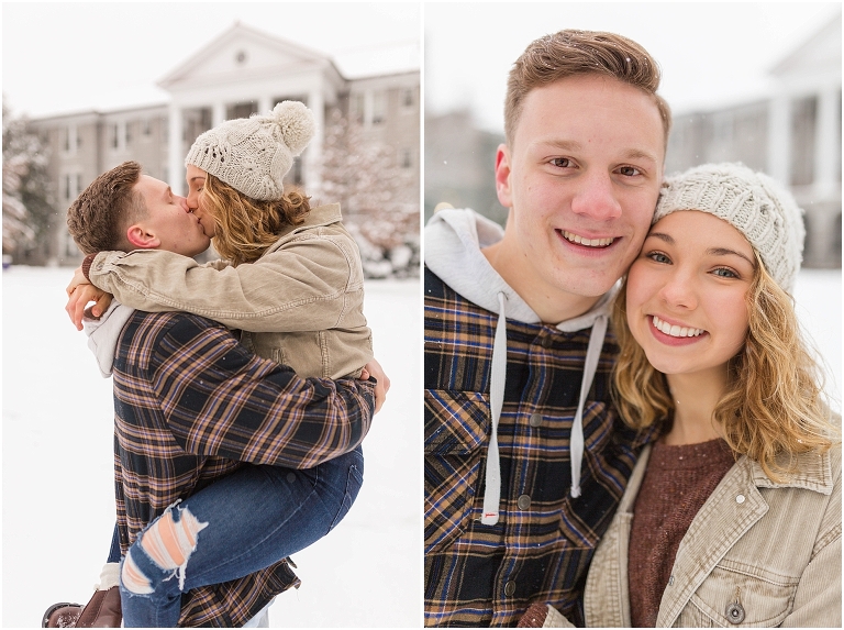 Harrisonburg fun snow couples portraits on the James Madison University Quad
