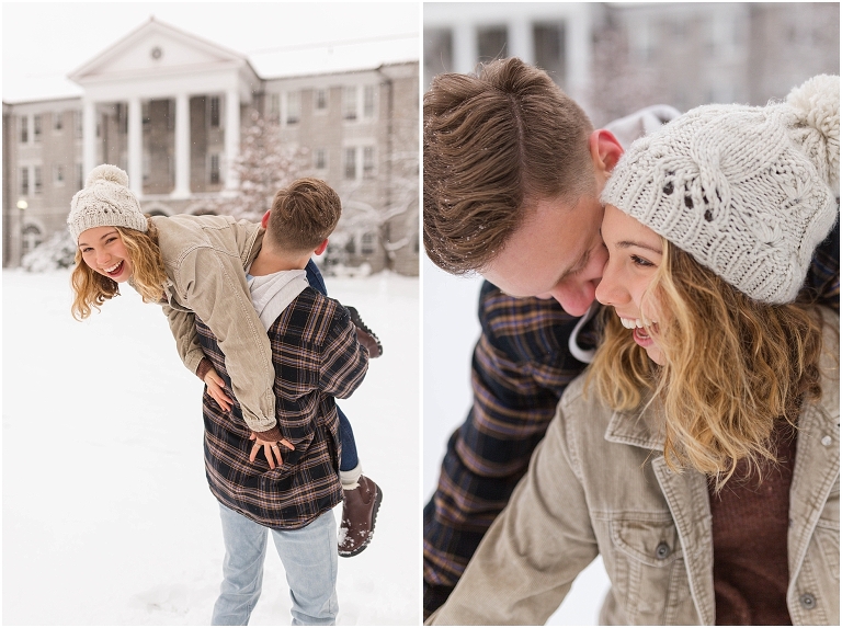 Harrisonburg fun snow couples portraits on the James Madison University Quad