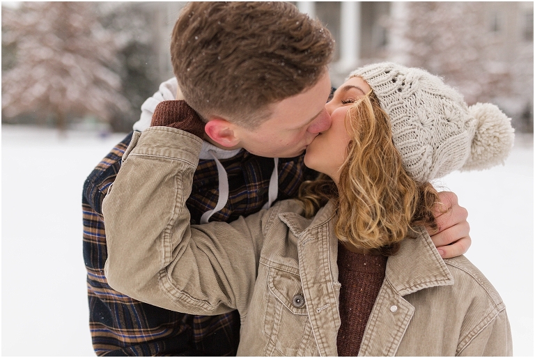 Harrisonburg fun snow couples portraits on the James Madison University Quad