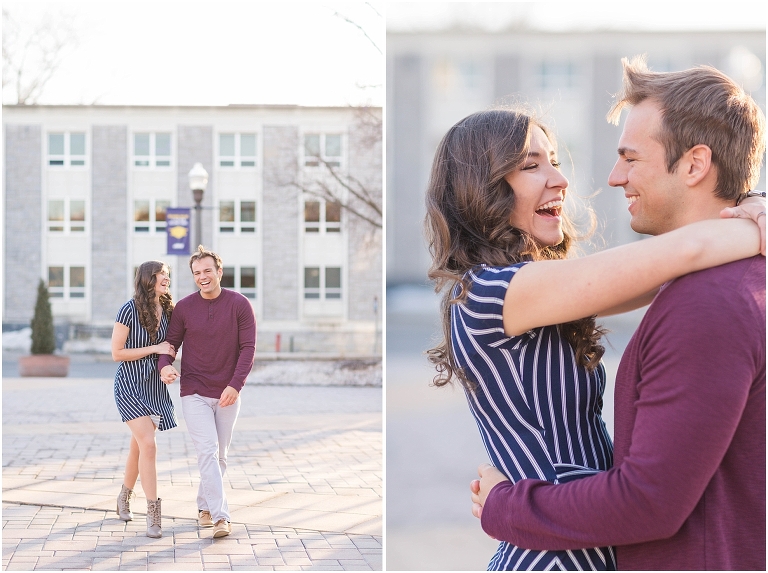 James Madison University Quad bluestone golden hour couples portraits with a navy striped short dress and tan boots