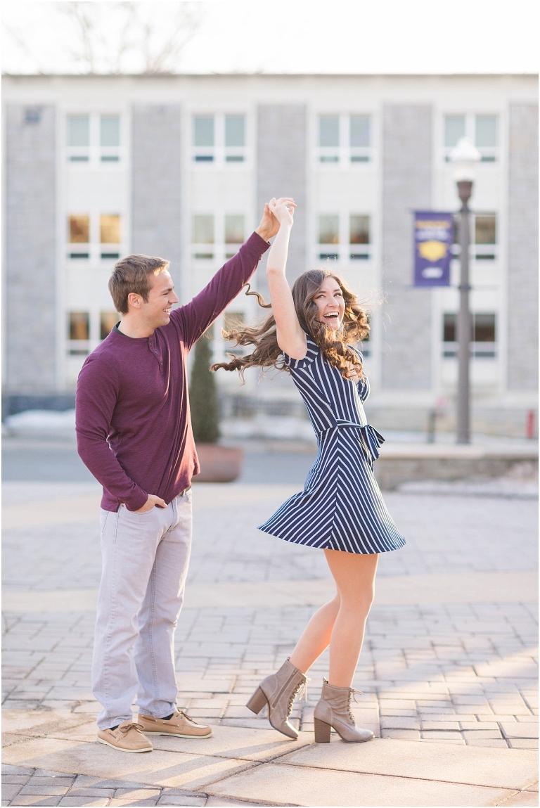 James Madison University Quad bluestone golden hour couples portraits with a navy striped short dress and tan boots