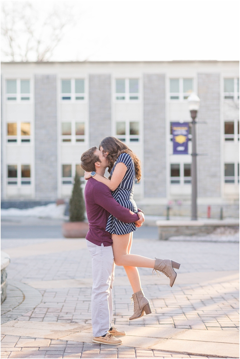 James Madison University Quad bluestone golden hour couples portraits with a navy striped short dress and tan boots