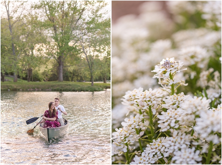 Savanna & Colin's Big Spring Farm spring floral engagement session was a dream. We met at Big Spring Farm just as the trees started blooming, and we had the most magical light for their waterfront engagement session. After walking around and taking photos with all the beautiful trees, we ended the session by getting into the canoe and fighting the wind to get some fun water photos.