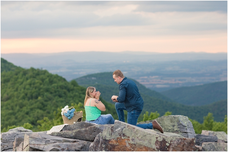 James’ Skyline Drive sunset proposal to his girlfriend Brianna on top of this Blackrock Summit hike was perfect! The sunset ended up being perfect and subtle for their engagement shoot and even matched their blue and green outfits and flowers. We had time for portraits and were able to recreate some of their favorite photos together. They popped the champagne and showed off the new ring!