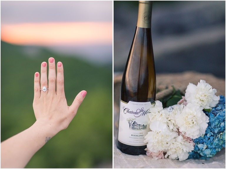 James’ Skyline Drive sunset proposal to his girlfriend Brianna on top of this Blackrock Summit hike was perfect! The sunset ended up being perfect and subtle for their engagement shoot and even matched their blue and green outfits and flowers. We had time for portraits and were able to recreate some of their favorite photos together. They popped the champagne and showed off the new ring!