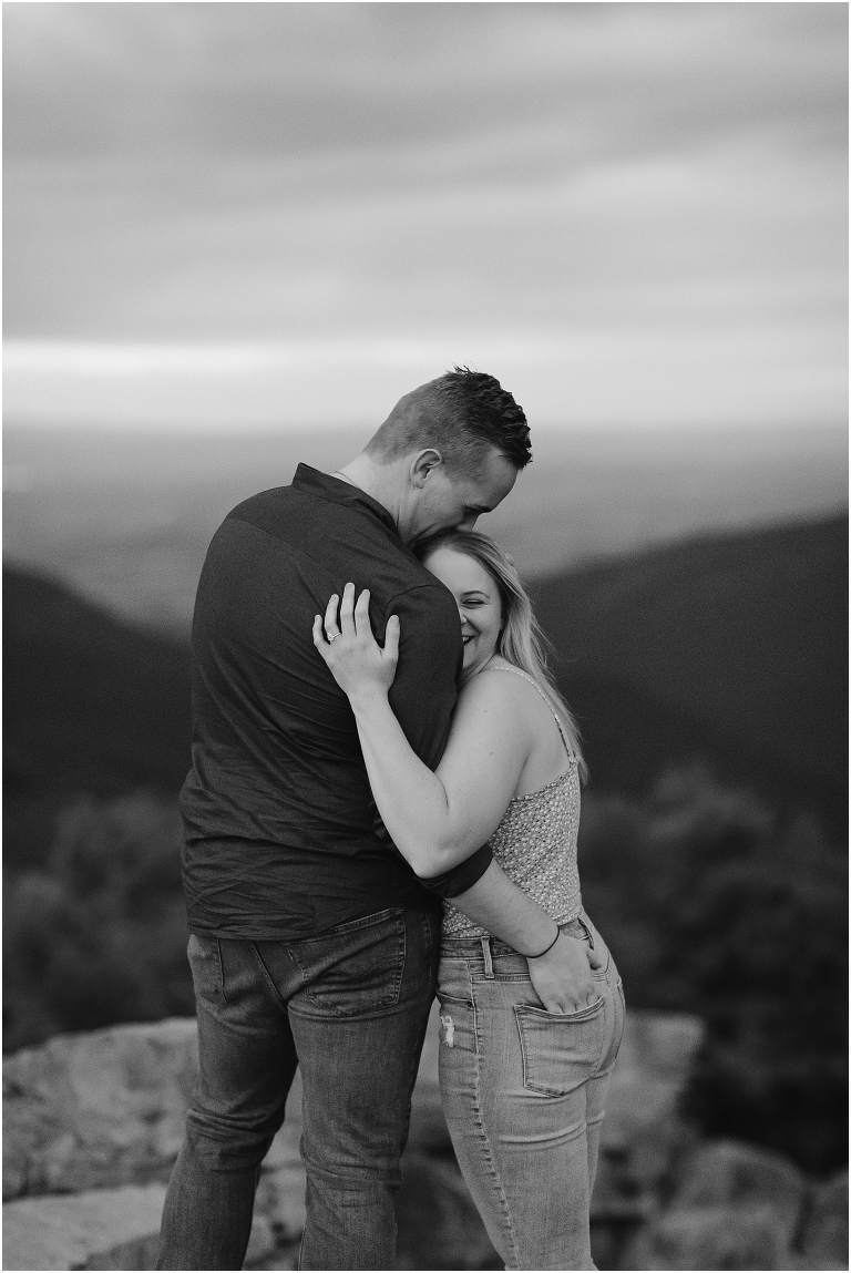 James’ Skyline Drive sunset proposal to his girlfriend Brianna on top of this Blackrock Summit hike was perfect! The sunset ended up being perfect and subtle for their engagement shoot and even matched their blue and green outfits and flowers. We had time for portraits and were able to recreate some of their favorite photos together. They popped the champagne and showed off the new ring!