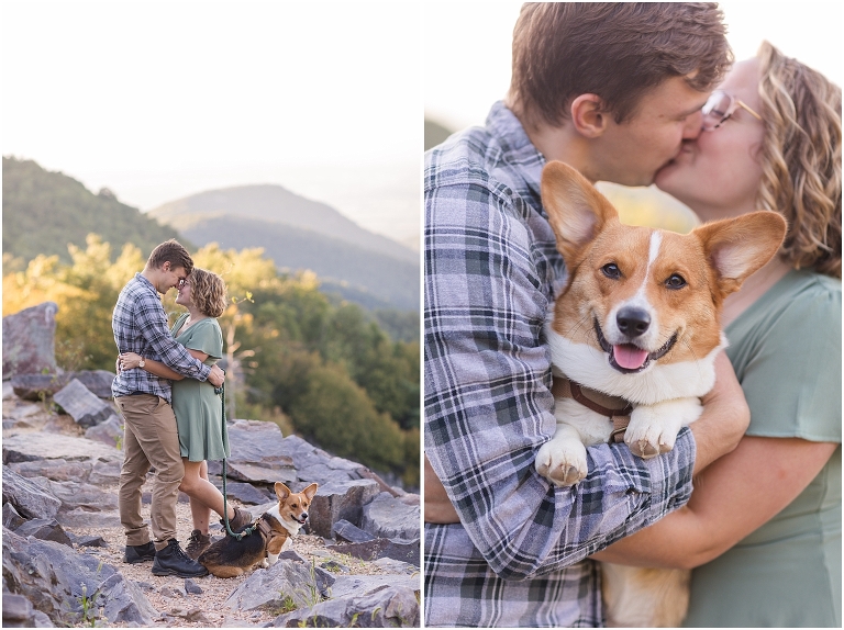 Blackrock Summit hike on Skyline Drive in Shenandoah National Park engagement session with the Corgi dog. Sunset mountain couples portrait session with polaroid camera