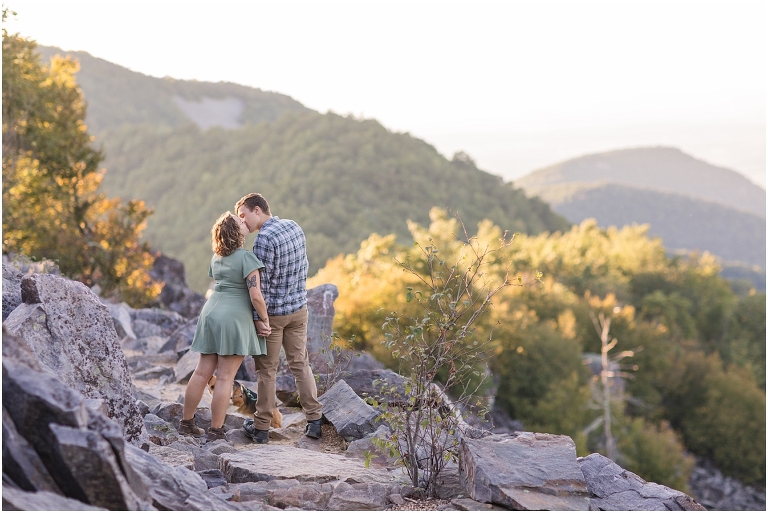 Blackrock Summit hike on Skyline Drive in Shenandoah National Park engagement session with the Corgi dog. Sunset mountain couples portrait session with polaroid camera