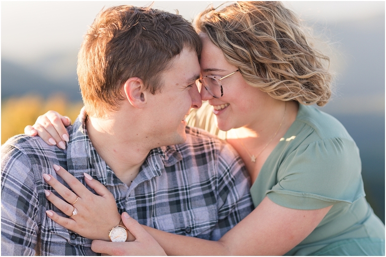Blackrock Summit hike on Skyline Drive in Shenandoah National Park engagement session with the Corgi dog. Sunset mountain couples portrait session with polaroid camera