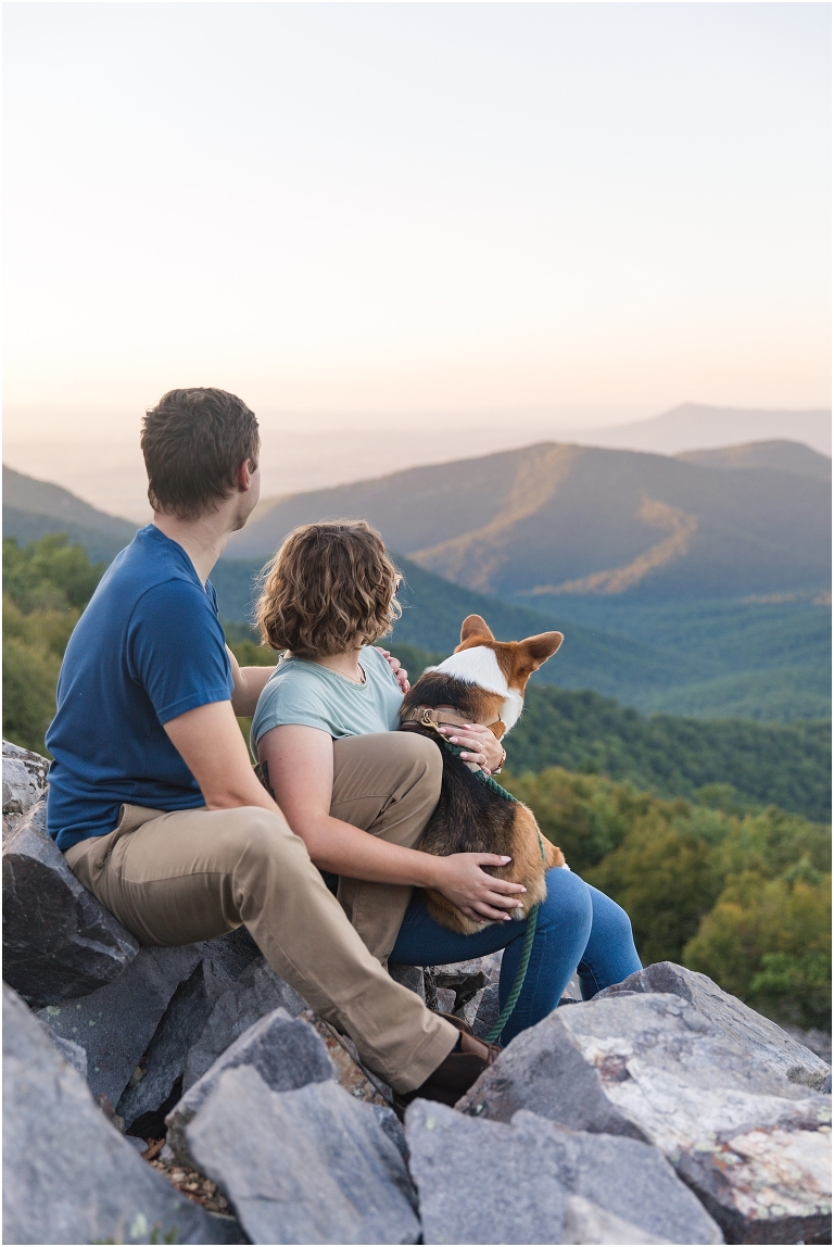 Blackrock Summit hike on Skyline Drive in Shenandoah National Park engagement session with the Corgi dog. Sunset mountain couples portrait session with polaroid camera