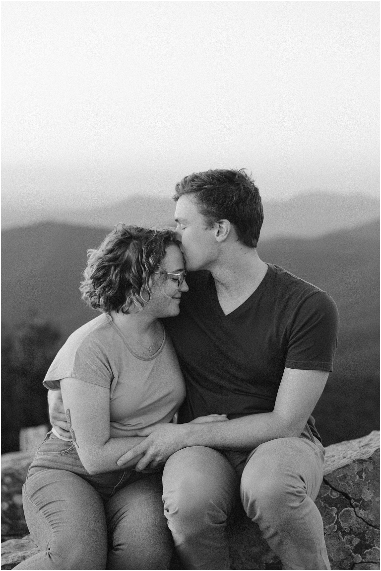 Blackrock Summit hike on Skyline Drive in Shenandoah National Park engagement session with the Corgi dog. Sunset mountain couples portrait session with polaroid camera