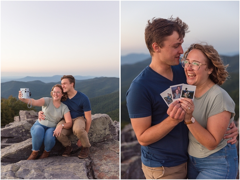 Blackrock Summit hike on Skyline Drive in Shenandoah National Park engagement session with the Corgi dog. Sunset mountain couples portrait session with polaroid camera