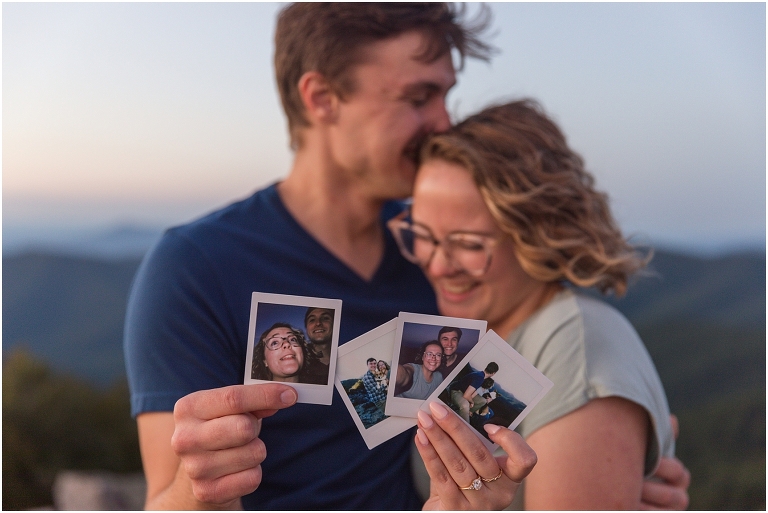 Blackrock Summit hike on Skyline Drive in Shenandoah National Park engagement session with the Corgi dog. Sunset mountain couples portrait session with polaroid camera