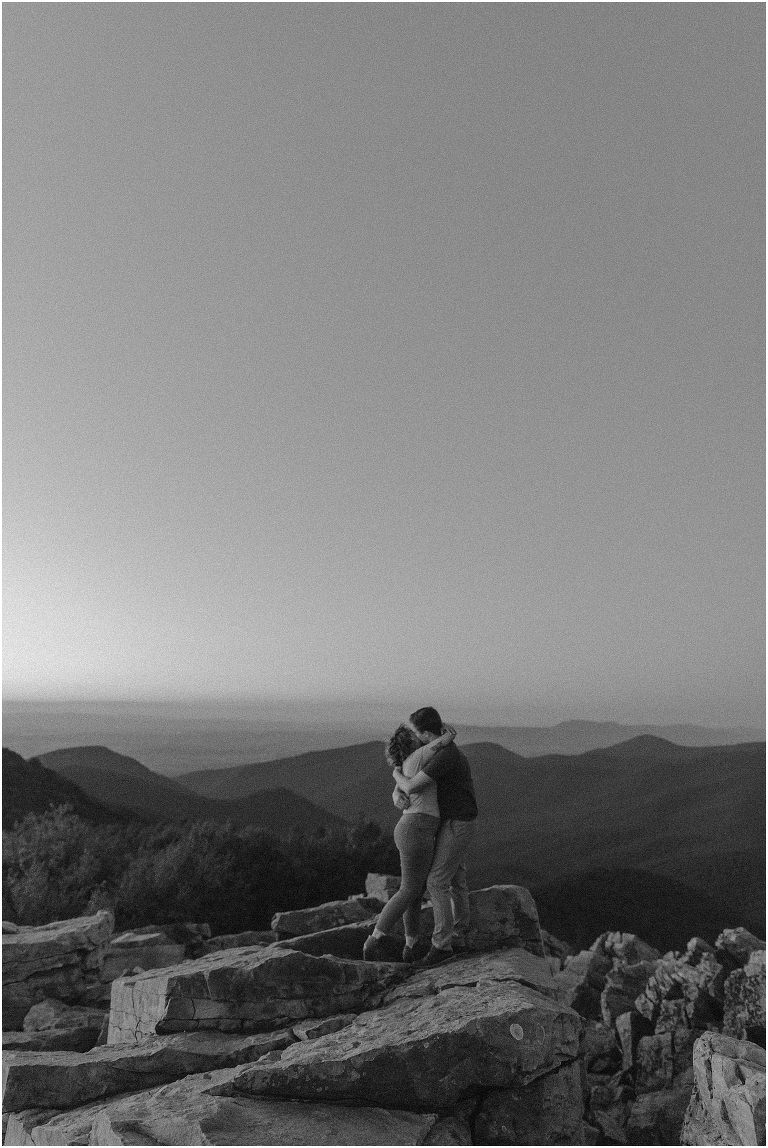 Blackrock Summit hike on Skyline Drive in Shenandoah National Park engagement session with the Corgi dog. Sunset mountain couples portrait session with polaroid camera