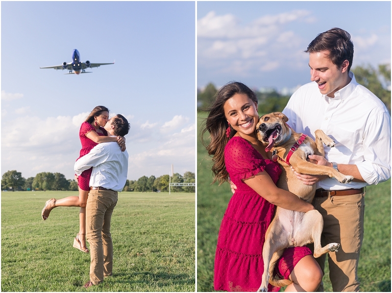 Gravelly Point Washington DC engagement session with their dog in an open field near the river during golden hour with planes flying overhead
