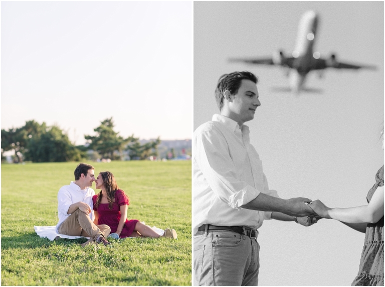 Gravelly Point Washington DC engagement session with their dog in an open field near the river during golden hour with planes flying overhead