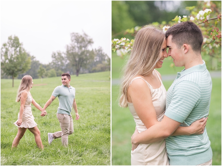 Purcell Park Harrisonburg Virginia spring couples session in a field of flowers and open grass field in a champagne dress