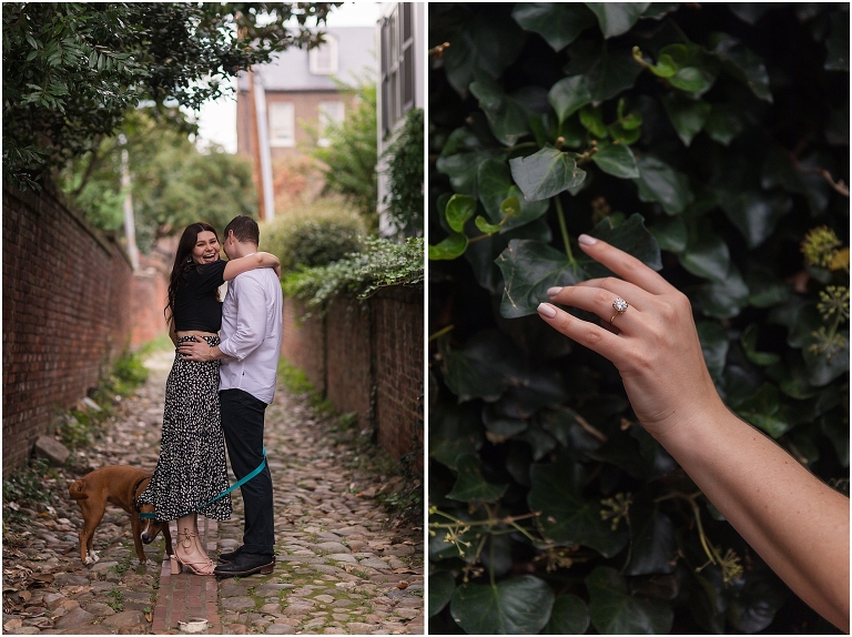 Old Town Alexandria engagement session in cobblestone alleyway with dog and closeup ring shot over ivy