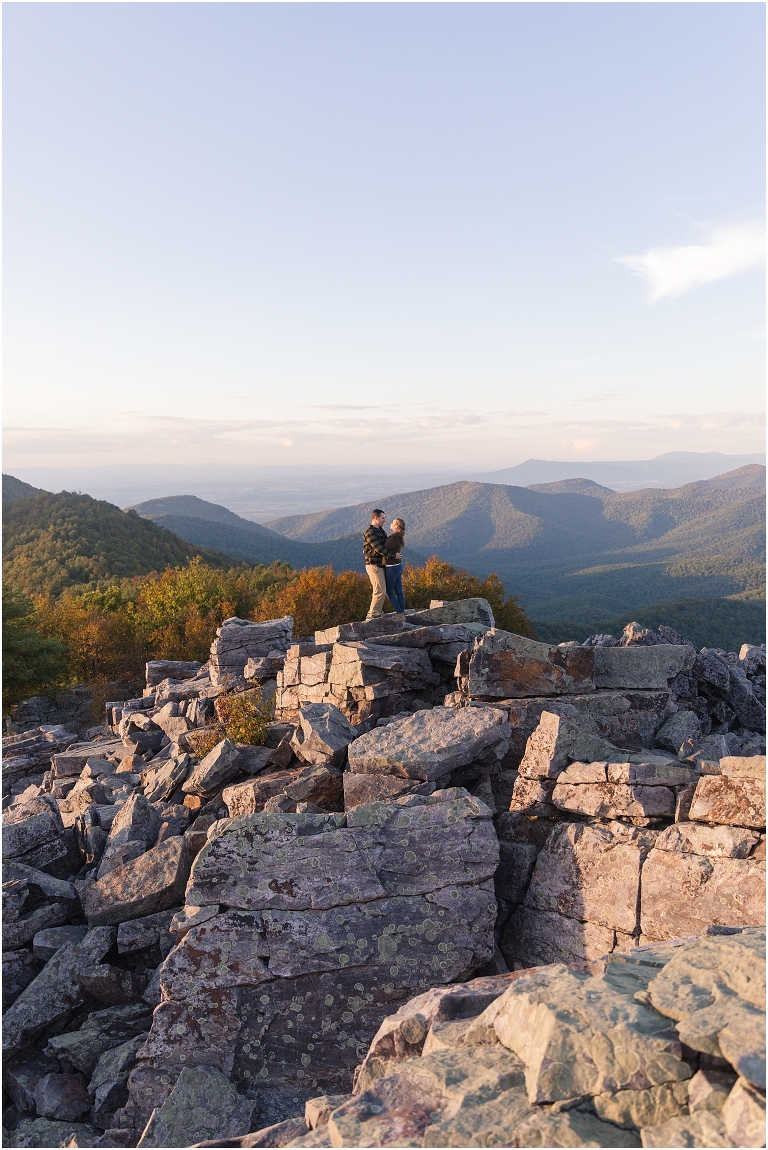 Blackrock Summit hike on Skyline Drive in Shenandoah National Park autumn fall mountain sunset engagement session