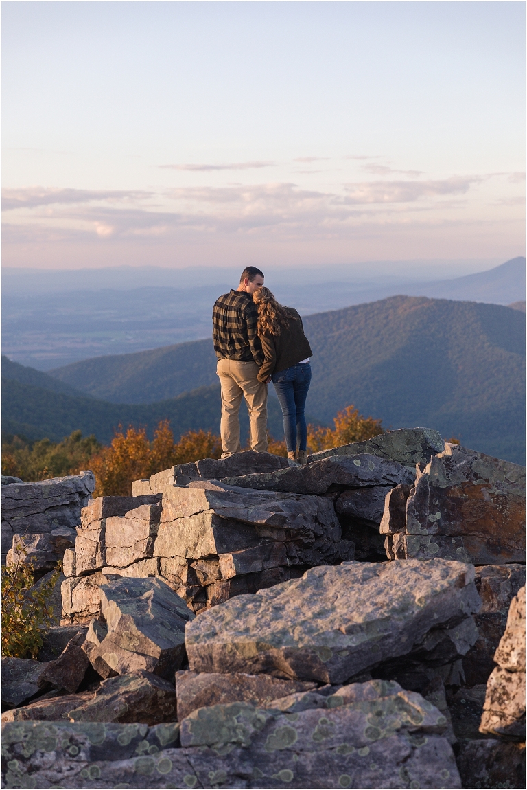 Blackrock Summit hike on Skyline Drive in Shenandoah National Park autumn fall mountain sunset engagement session