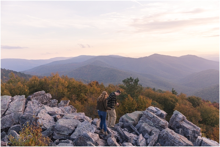 Blackrock Summit hike on Skyline Drive in Shenandoah National Park autumn fall mountain sunset engagement session