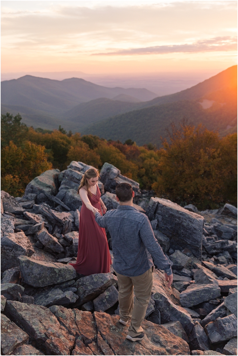 Blackrock Summit hike on Skyline Drive in Shenandoah National Park autumn fall mountain sunset engagement session with flowy maxi pink dress