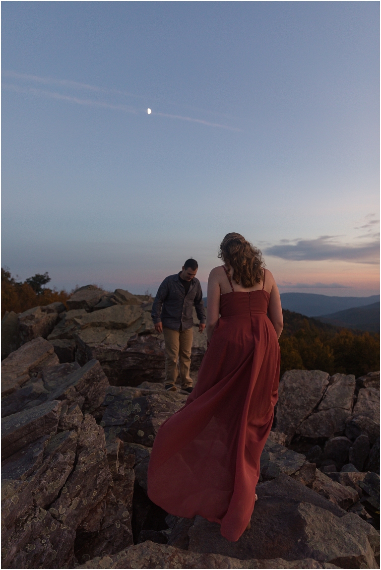 Blackrock Summit hike on Skyline Drive in Shenandoah National Park autumn fall mountain sunset engagement session with flowy maxi pink dress