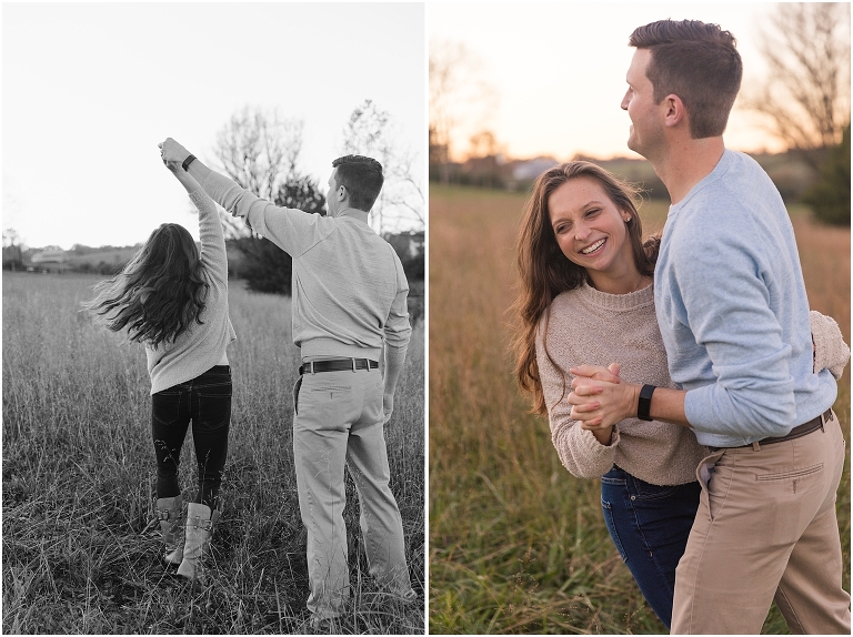 Cyrus Ridge Farm Shenandoah Valley Virginia couples session on working cattle farm with mountain sunset views and golden hour by the pond