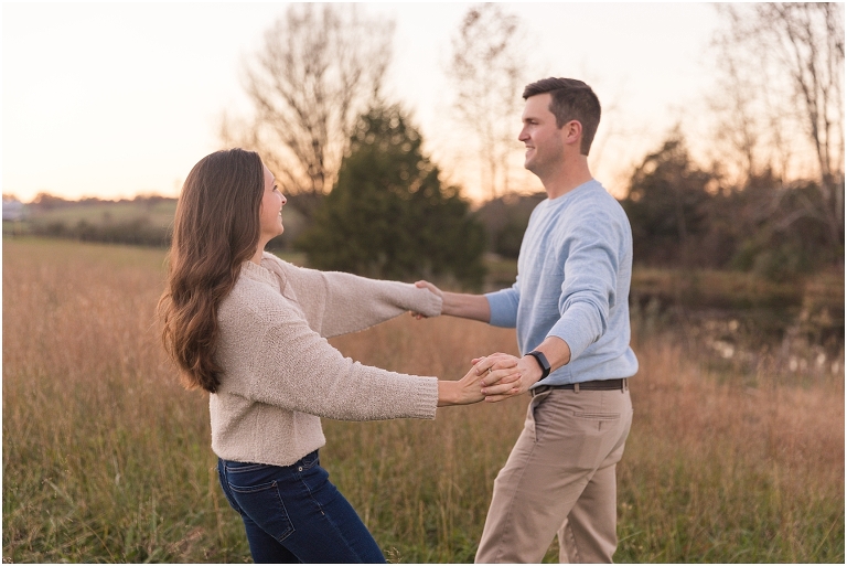Cyrus Ridge Farm Shenandoah Valley Virginia couples session on working cattle farm with mountain sunset views and golden hour by the pond