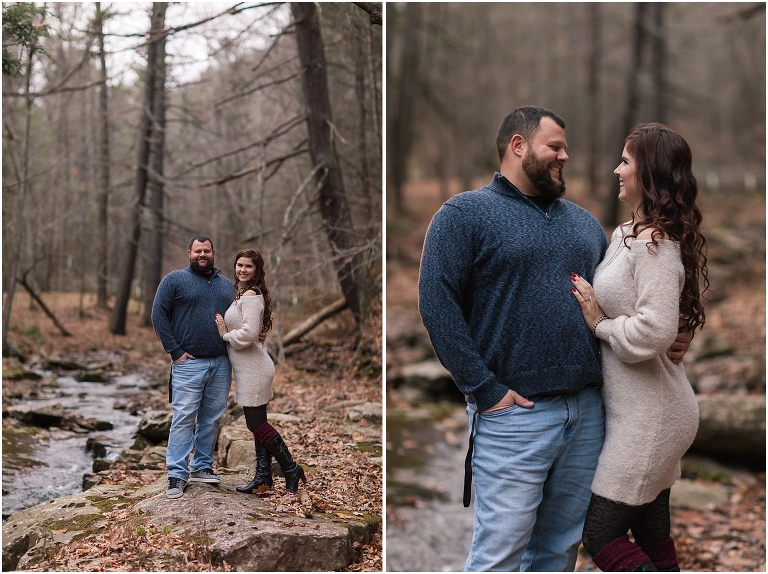 Winter evergreen by the river engagement session in Lost River State Park in West Virginia