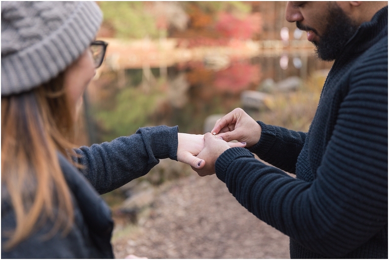 The Maymont Richmond Virginia proposal by water in the Asian Gardens during fall autumn foliage