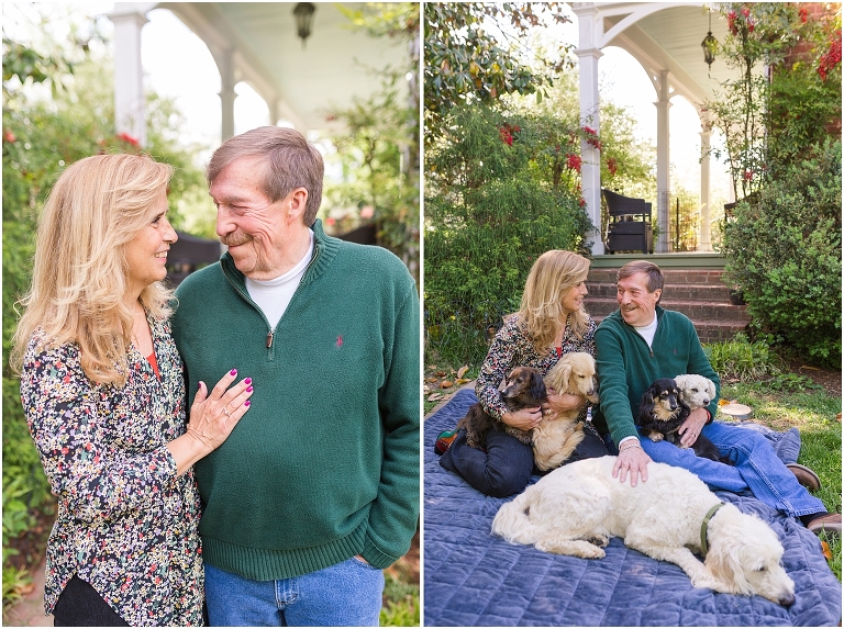 Ann Marie and Mark's elopement portraits started at their house in downtown Lexington with a picnic blanket and their dogs and ended in their elopement outfits at the Washington and Lee campus. We took photos in front of some of their favorite buildings, which included two very beautiful but very different churches.