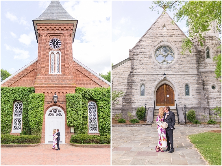 Ann Marie and Mark's elopement portraits started at their house in downtown Lexington with a picnic blanket and their dogs and ended in their elopement outfits at the Washington and Lee campus. We took photos in front of some of their favorite buildings, which included two very beautiful but very different churches.