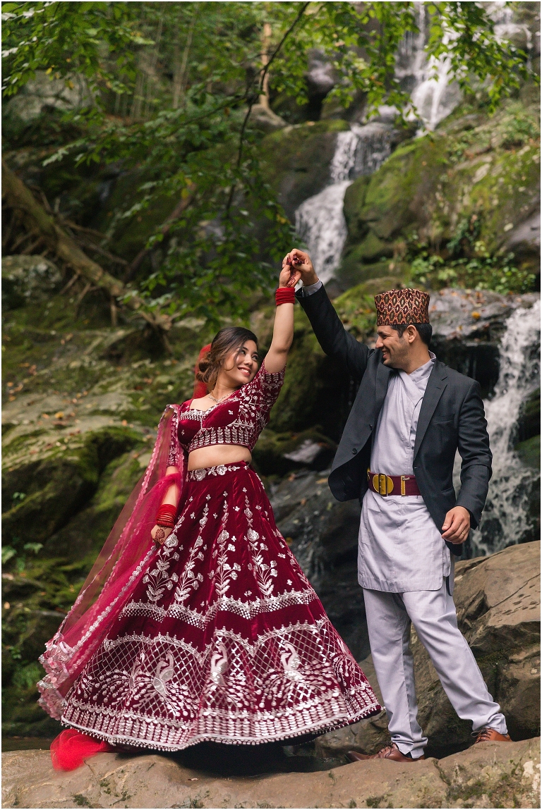 Waterfall wedding portraits Nepali Asian traditional clothing at Dark Hollow Falls hike on Skyline Drive in Shenandoah National Park