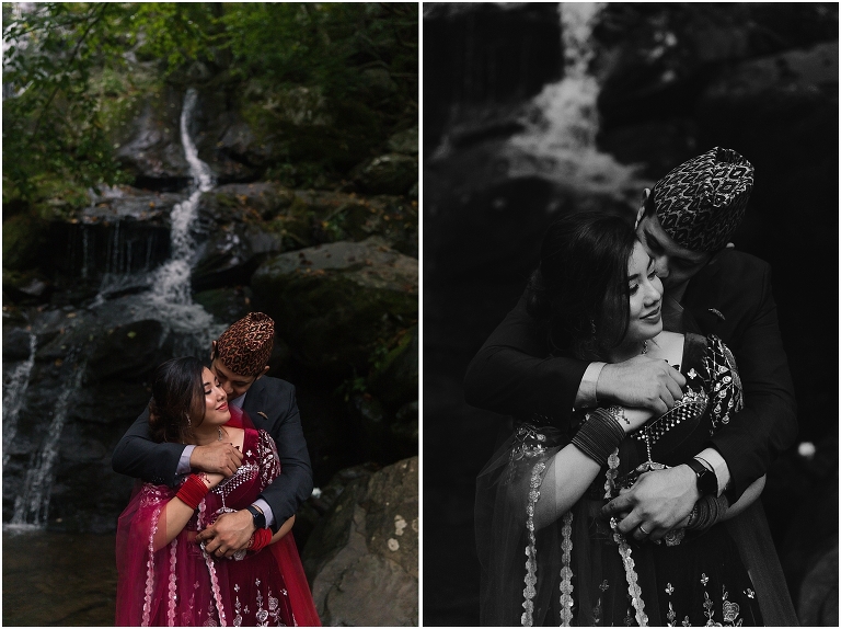 Waterfall wedding portraits Nepali Asian traditional clothing at Dark Hollow Falls hike on Skyline Drive in Shenandoah National Park