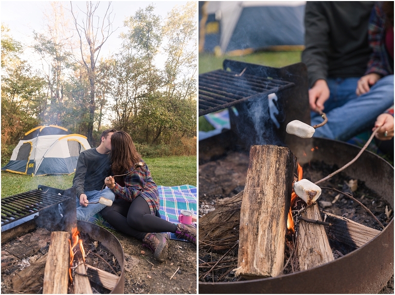 Couples camping session photos couple by a campfire roasting marshmallows by a tent in a campsite on Skyline Drive in Shenandoah National Park
