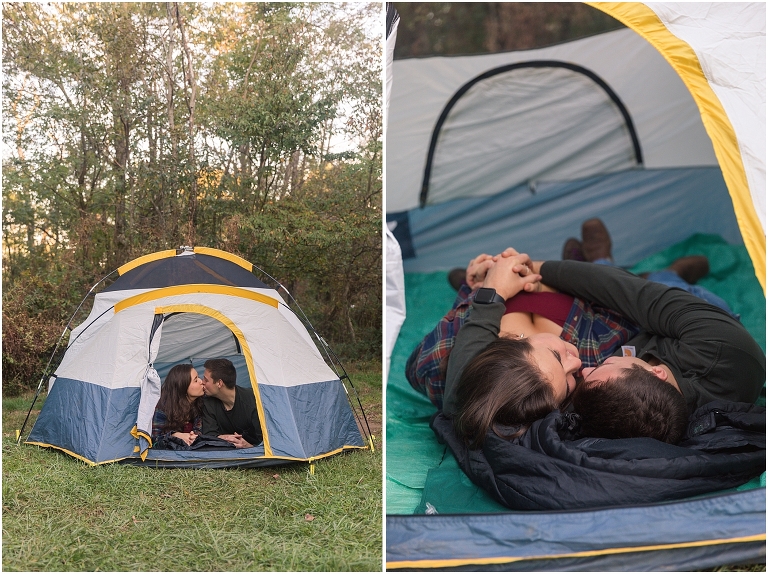 Couples camping session photos couple by a campfire in a tent in a campsite on Skyline Drive in Shenandoah National Park